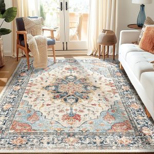 5x7 Area Rugs 5x7, Washable Rug, Non-Slip, Rugs for Living Room, Kitchen Rugs, Rugs for Bedroom Entryway Rug, Vintage Rugs Boho Floral Medallion, Low Pile, Soft, Beige Dark Blue Navy Red