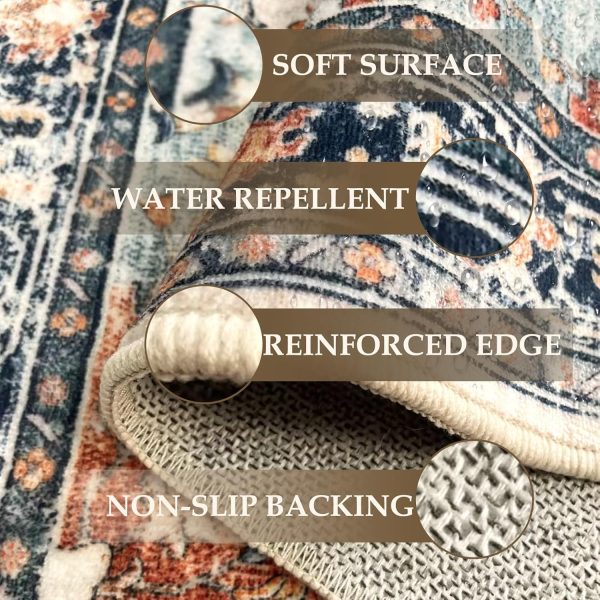 5x7 Area Rugs 5x7, Washable Rug, Non-Slip, Rugs for Living Room, Kitchen Rugs, Rugs for Bedroom Entryway Rug, Vintage Rugs Boho Floral Medallion, Low Pile, Soft, Beige Dark Blue Navy Red - Image 3