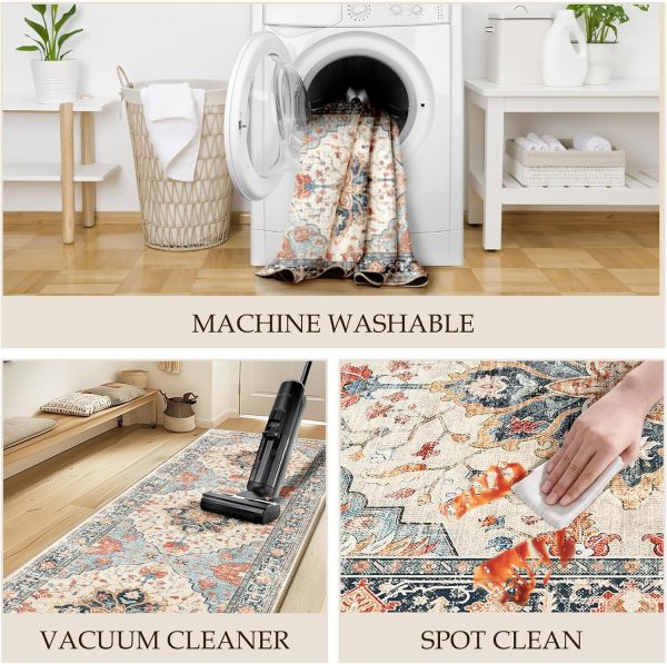5x7 Area Rugs 5x7, Washable Rug, Non-Slip, Rugs for Living Room, Kitchen Rugs, Rugs for Bedroom Entryway Rug, Vintage Rugs Boho Floral Medallion, Low Pile, Soft, Beige Dark Blue Navy Red - Image 4