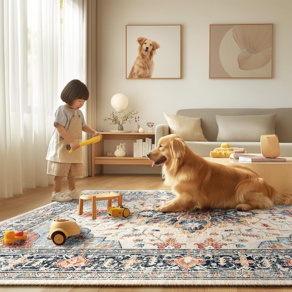 5x7 Area Rugs 5x7, Washable Rug, Non-Slip, Rugs for Living Room, Kitchen Rugs, Rugs for Bedroom Entryway Rug, Vintage Rugs Boho Floral Medallion, Low Pile, Soft, Beige Dark Blue Navy Red - Image 7
