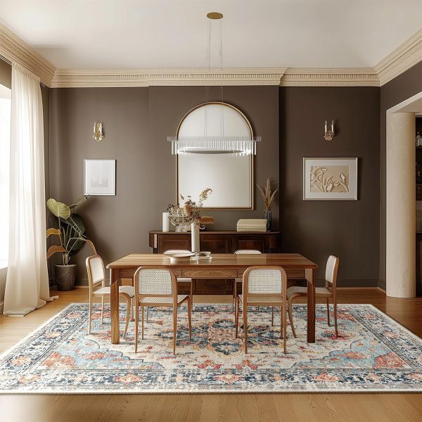 5x7 Area Rugs 5x7, Washable Rug, Non-Slip, Rugs for Living Room, Kitchen Rugs, Rugs for Bedroom Entryway Rug, Vintage Rugs Boho Floral Medallion, Low Pile, Soft, Beige Dark Blue Navy Red - Image 8