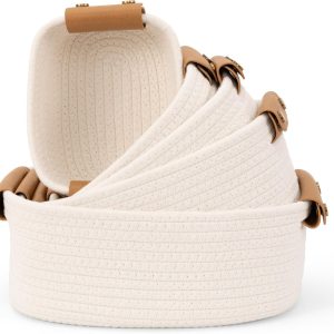 Beautiful Storage Basket Set of 5 - Sturdy Cotton Rope Baskets for Shelves Are Perfect for Organizing Your Home - Quality Storage Bins Easily Fit With Any Bathroom, Nursery or Bedroom Decor