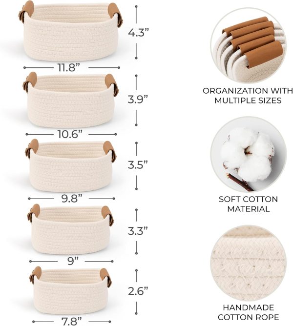 Beautiful Storage Basket Set of 5 - Sturdy Cotton Rope Baskets for Shelves Are Perfect for Organizing Your Home - Quality Storage Bins Easily Fit With Any Bathroom, Nursery or Bedroom Decor - Image 4