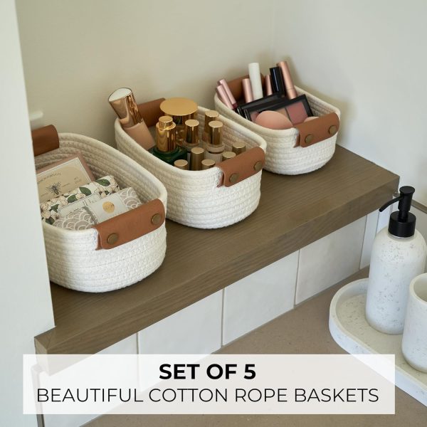 Beautiful Storage Basket Set of 5 - Sturdy Cotton Rope Baskets for Shelves Are Perfect for Organizing Your Home - Quality Storage Bins Easily Fit With Any Bathroom, Nursery or Bedroom Decor - Image 5