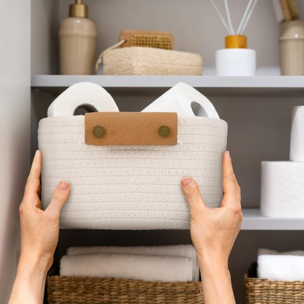 Beautiful Storage Basket Set of 5 - Sturdy Cotton Rope Baskets for Shelves Are Perfect for Organizing Your Home - Quality Storage Bins Easily Fit With Any Bathroom, Nursery or Bedroom Decor - Image 9