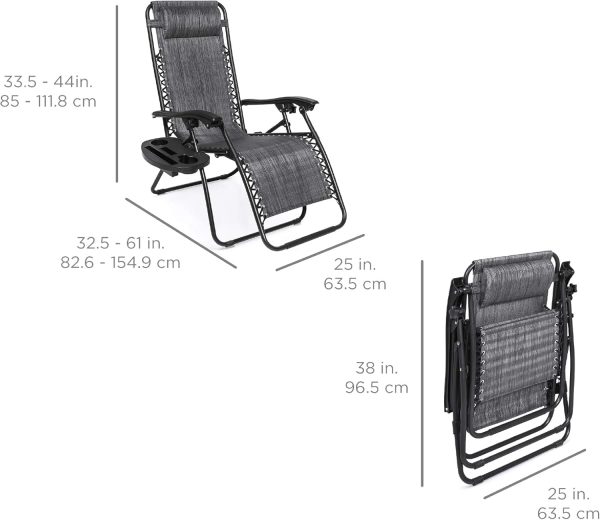 Best Choice Products Set of 2 Adjustable Steel Mesh Zero Gravity Lounge Chair Recliners w/Pillows and Cup Holder Trays - Gray - Image 2