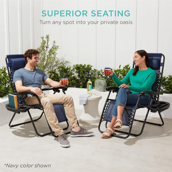 Best Choice Products Set of 2 Adjustable Steel Mesh Zero Gravity Lounge Chair Recliners w/Pillows and Cup Holder Trays - Gray - Image 7