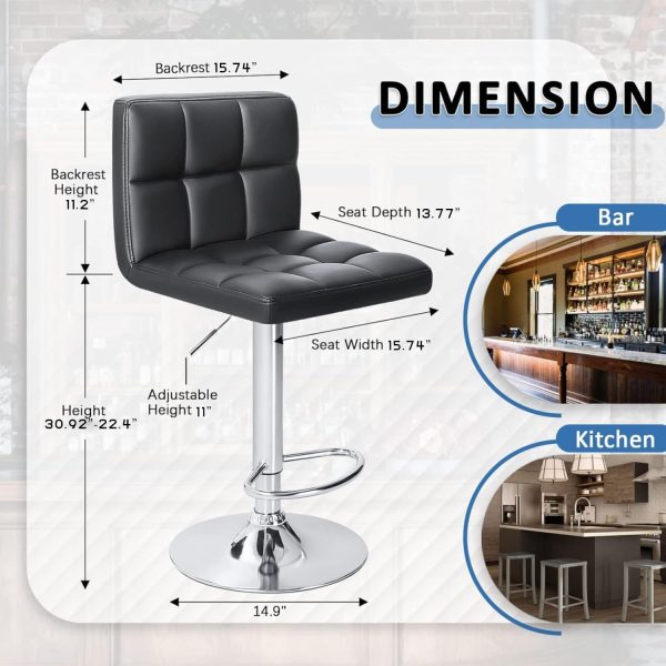 Homall Bar Stools Modern PU Leather Adjustable Swivel Barstools, Armless Hydraulic Kitchen Counter Bar Stool Extra Height Square Island Barstool with Back Set of 2 (Leather, Black) - Image 3