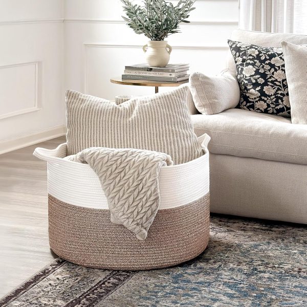 INDRESSME XXXLarge Cotton Rope Basket 21.7" x 21.7" x 13.8" Woven Baby Laundry Blanket Basket Toy Basket with Handle Storage Comforter Cushions Thread Laundry Hamper White & Brown - Image 2