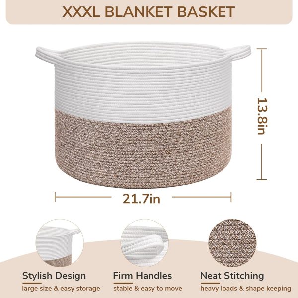 INDRESSME XXXLarge Cotton Rope Basket 21.7" x 21.7" x 13.8" Woven Baby Laundry Blanket Basket Toy Basket with Handle Storage Comforter Cushions Thread Laundry Hamper White & Brown - Image 3