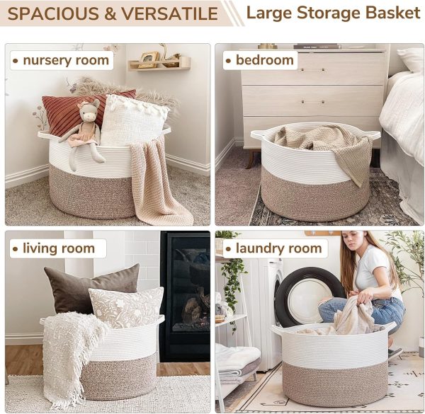 INDRESSME XXXLarge Cotton Rope Basket 21.7" x 21.7" x 13.8" Woven Baby Laundry Blanket Basket Toy Basket with Handle Storage Comforter Cushions Thread Laundry Hamper White & Brown - Image 4