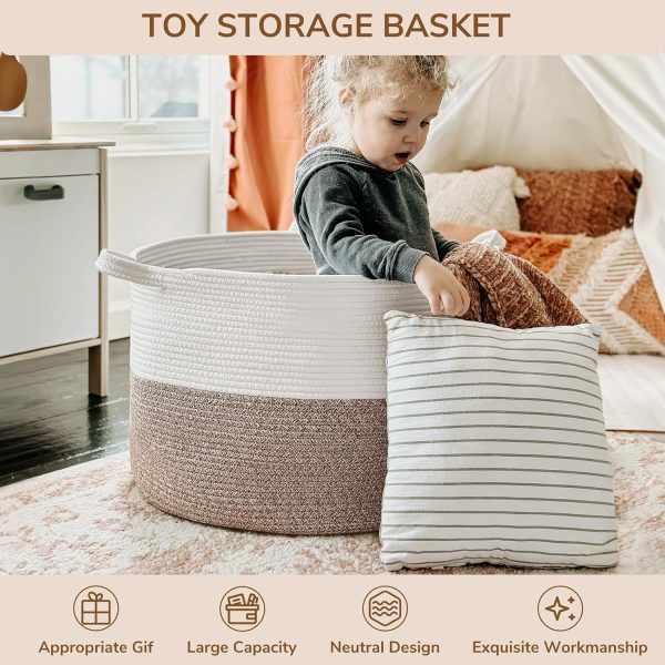 INDRESSME XXXLarge Cotton Rope Basket 21.7" x 21.7" x 13.8" Woven Baby Laundry Blanket Basket Toy Basket with Handle Storage Comforter Cushions Thread Laundry Hamper White & Brown - Image 5