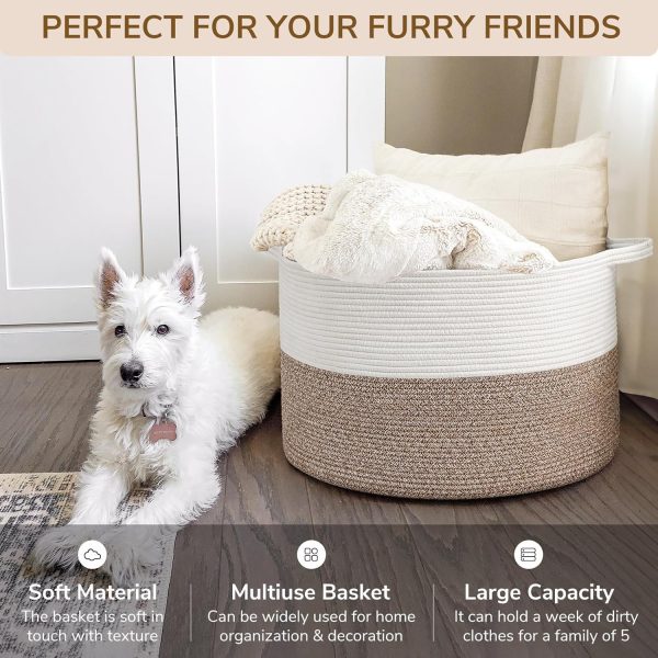 INDRESSME XXXLarge Cotton Rope Basket 21.7" x 21.7" x 13.8" Woven Baby Laundry Blanket Basket Toy Basket with Handle Storage Comforter Cushions Thread Laundry Hamper White & Brown - Image 6