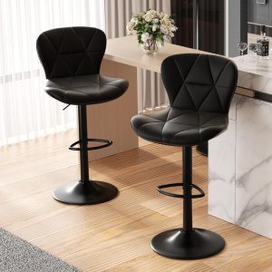 Modern Bar Stool Set of 2, Adjustable Faux Leather Upholstered Swivel Counter Stools, Counter Height Barstools with Back for Kitchen Island, Black