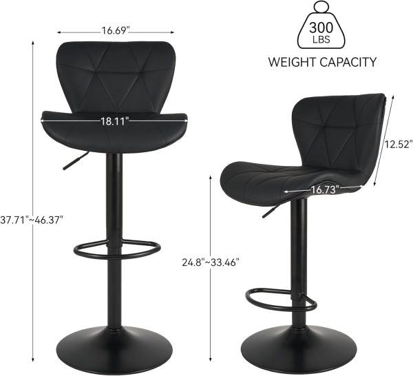 Modern Bar Stool Set of 2, Adjustable Faux Leather Upholstered Swivel Counter Stools, Counter Height Barstools with Back for Kitchen Island, Black - Image 2