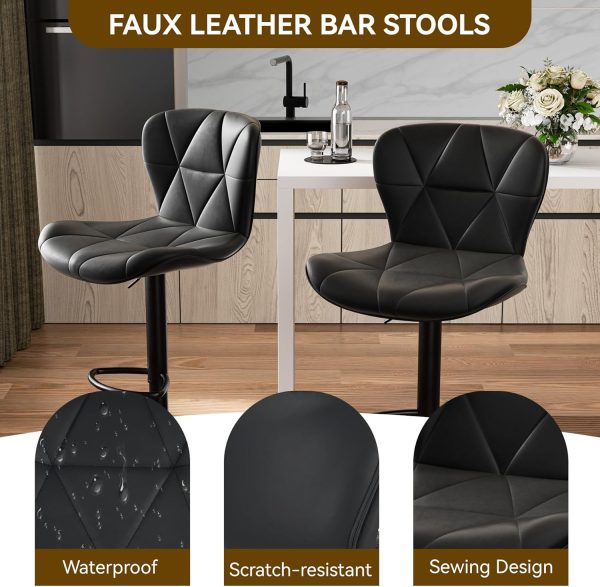 Modern Bar Stool Set of 2, Adjustable Faux Leather Upholstered Swivel Counter Stools, Counter Height Barstools with Back for Kitchen Island, Black - Image 3