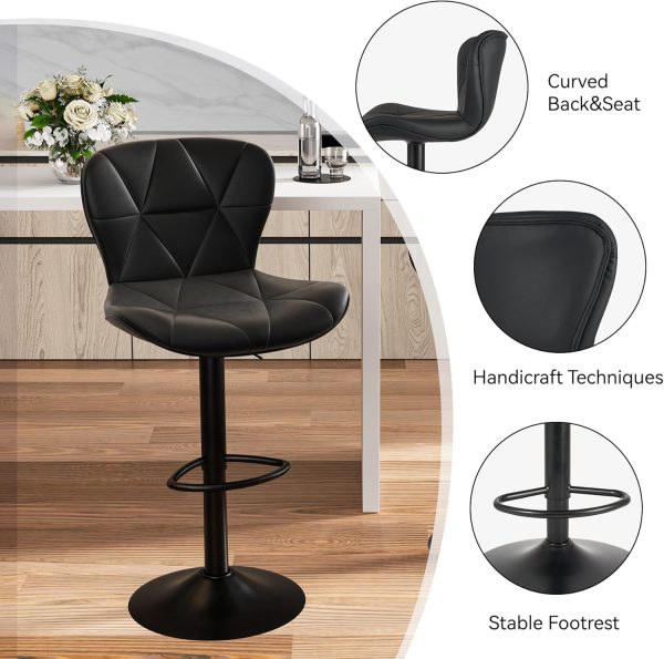 Modern Bar Stool Set of 2, Adjustable Faux Leather Upholstered Swivel Counter Stools, Counter Height Barstools with Back for Kitchen Island, Black - Image 4
