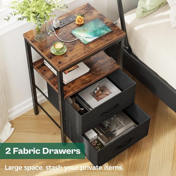 Nightstand with Charging Station, Side Table with Fabric Drawers, End Table with Open Shelf, Bedside Table with USB Ports and Outlets, Night Stand for Bedroom, Rustic Brown and Black - Image 5