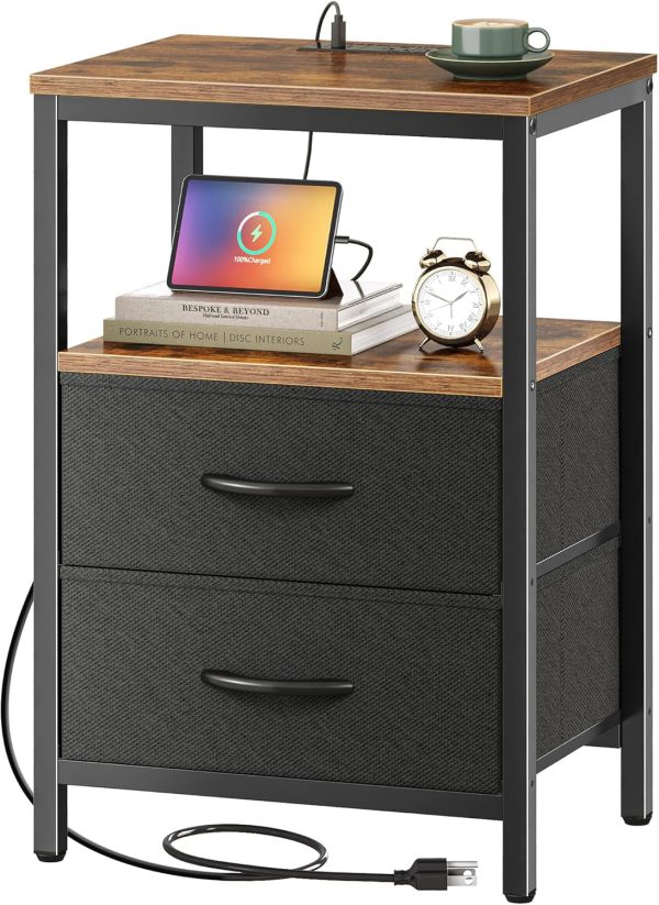 Nightstand with Charging Station, Side Table with Fabric Drawers, End Table with Open Shelf, Bedside Table with USB Ports and Outlets, Night Stand for Bedroom, Rustic Brown and Black - Image 9
