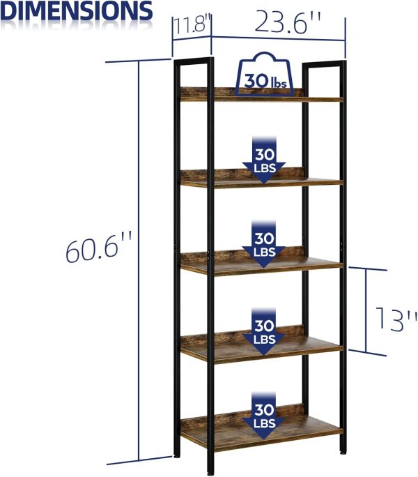 NUMENN Bookshelf, 5 Tier Bookshelves, Home Office Bookcase Shelf Storage Organizer, Free Standing Storage Shelving Unit for Bedroom, Living Room and Home Office, Vintage - Image 3