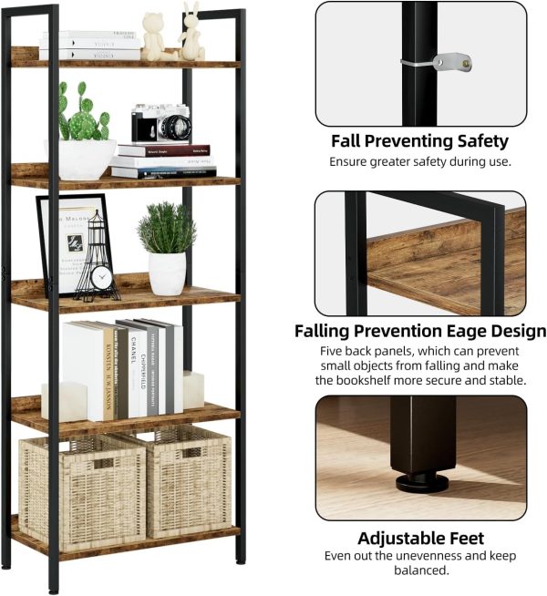 NUMENN Bookshelf, 5 Tier Bookshelves, Home Office Bookcase Shelf Storage Organizer, Free Standing Storage Shelving Unit for Bedroom, Living Room and Home Office, Vintage - Image 6
