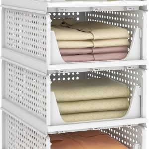 Pinkpum Stackable Plastic Storage Basket, Foldable Closet Organizers and Storage Bins 4 Pack Drawer Shelf Storage Container for Wardrobe Kitchen Bathroom Office Dorm White