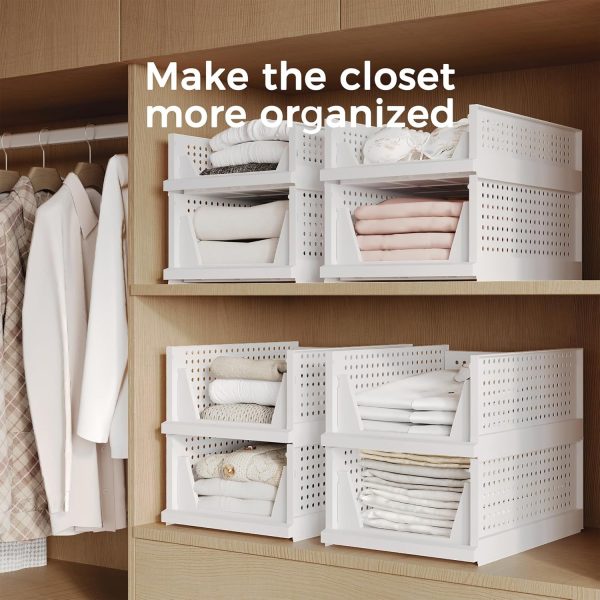 Pinkpum Stackable Plastic Storage Basket, Foldable Closet Organizers and Storage Bins 4 Pack Drawer Shelf Storage Container for Wardrobe Kitchen Bathroom Office Dorm White - Image 4