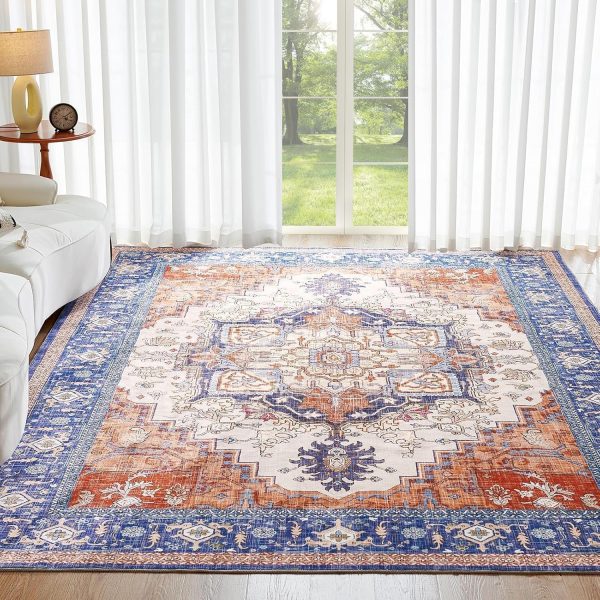 ROCYJULIN 5x7 Area Rugs for Living Room, Low-Pile Faux Wool 5 x 7 Rug for Bedroom, Non-Slip Indoor Carpet for High Traffic Areas, Blue and Orange - Image 8