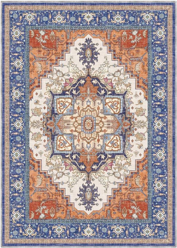 ROCYJULIN 5x7 Area Rugs for Living Room, Low-Pile Faux Wool 5 x 7 Rug for Bedroom, Non-Slip Indoor Carpet for High Traffic Areas, Blue and Orange - Image 9