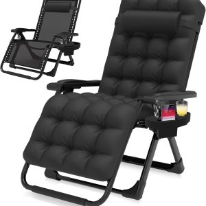 Suteck Zero Gravity Chair, Reclining Camping Lounge Chair w/Removable Cushion, Upgraded Lock and Cup Holder, Reclining Patio Chairs Folding Recliner for Indoor and Outdoor