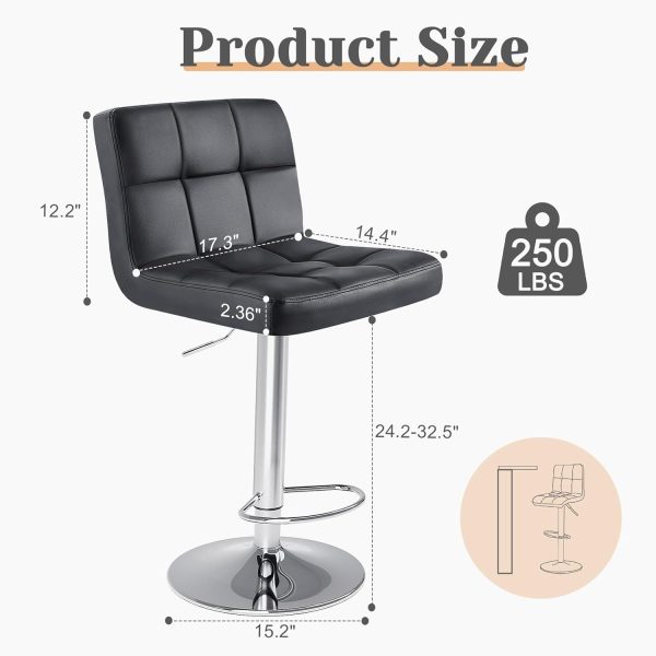 Sweetcrispy Bar Stools Set of 4, PU Leather Adjustable Swivel Barstools, Armless Hydraulic Kitchen Counter Height Bar Stools, Thickened Seat Cushion Square Island Barstools with Back, Black - Image 3