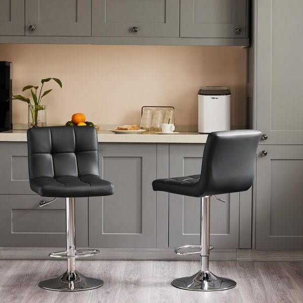 Sweetcrispy Bar Stools Set of 4, PU Leather Adjustable Swivel Barstools, Armless Hydraulic Kitchen Counter Height Bar Stools, Thickened Seat Cushion Square Island Barstools with Back, Black - Image 7