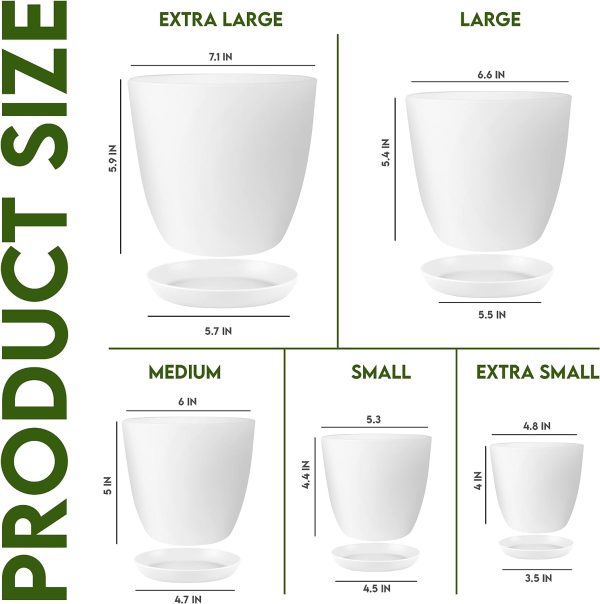 Utopia Home - Plant Pots with Drainage - 7/6.6/6/5.3/4.8 Inches Home Decor Flower Pots for Indoor Planter - Pack of 5 Plastic Planters, Cactus, Succulents Pot - White - Image 2