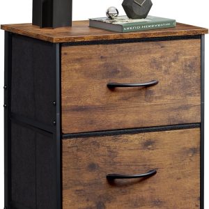WLIVE Nightstand, Small 2 Drawer Dresser, Bedside Furniture, Night Stand, End Table with Fabric Bins for Bedroom, Closet, Dorm, Rustic Brown Wood Grain Print
