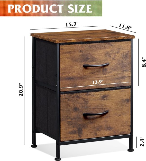 WLIVE Nightstand, Small 2 Drawer Dresser, Bedside Furniture, Night Stand, End Table with Fabric Bins for Bedroom, Closet, Dorm, Rustic Brown Wood Grain Print - Image 3