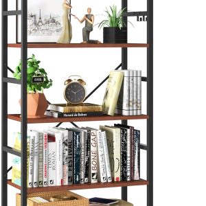 Yoobure 5 Tier Bookshelf - Tall Book Shelf Modern Bookcase for CDs/Movies/Books, Rustic Book Case Industrial Bookshelves Book Storage Organizer for Bedroom Home Office Living Room Brown