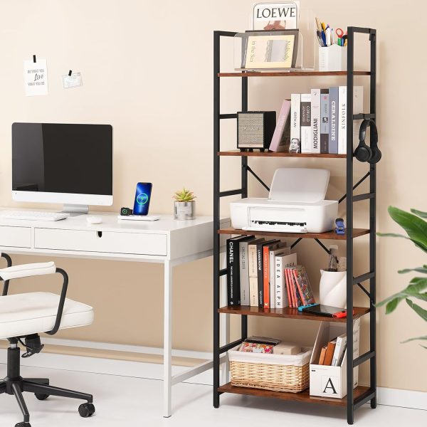 Yoobure 5 Tier Bookshelf - Tall Book Shelf Modern Bookcase for CDs/Movies/Books, Rustic Book Case Industrial Bookshelves Book Storage Organizer for Bedroom Home Office Living Room Brown - Image 2