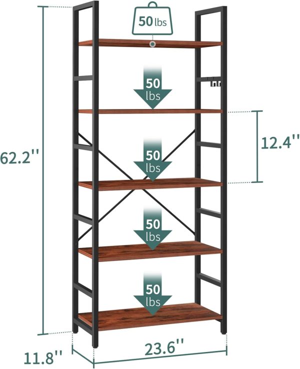 Yoobure 5 Tier Bookshelf - Tall Book Shelf Modern Bookcase for CDs/Movies/Books, Rustic Book Case Industrial Bookshelves Book Storage Organizer for Bedroom Home Office Living Room Brown - Image 3