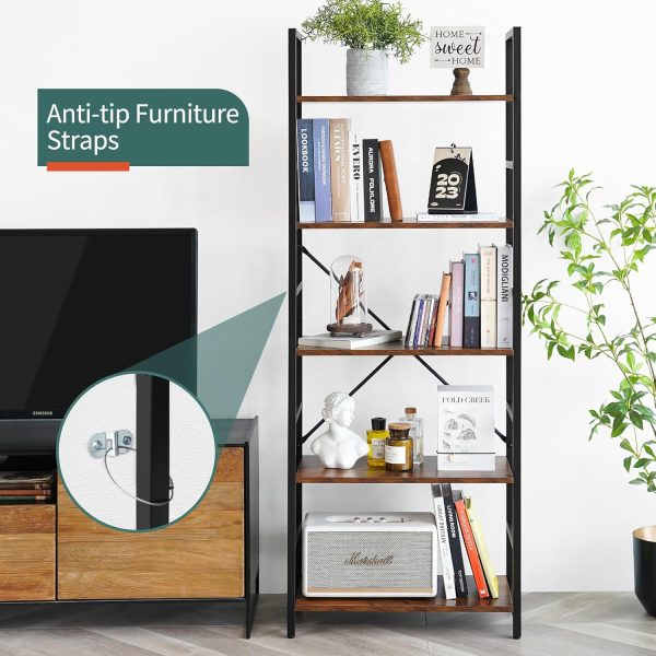 Yoobure 5 Tier Bookshelf - Tall Book Shelf Modern Bookcase for CDs/Movies/Books, Rustic Book Case Industrial Bookshelves Book Storage Organizer for Bedroom Home Office Living Room Brown - Image 4