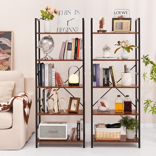 Yoobure 5 Tier Bookshelf - Tall Book Shelf Modern Bookcase for CDs/Movies/Books, Rustic Book Case Industrial Bookshelves Book Storage Organizer for Bedroom Home Office Living Room Brown - Image 8
