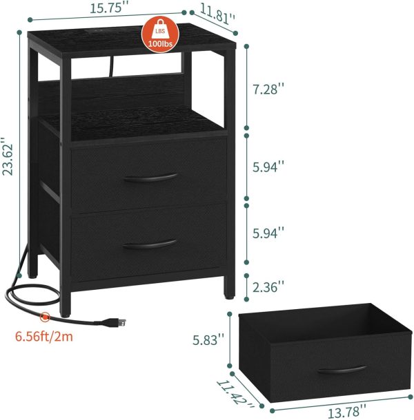 Yoobure Nightstand with Charging Station, LED Night Stand with Fabric Drawers and Storage Shelf for Bedroom, Nightstands Bedside Tables with USB Ports & Outlets, Small Night Stands, Bed Side Table - Image 3